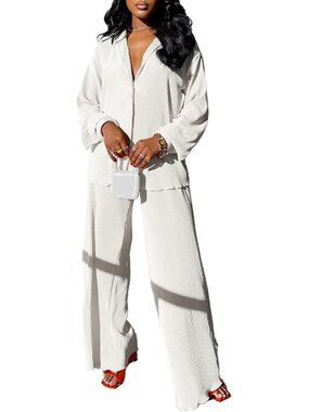 🆕Women's White Casual 2 Piece Outfit Linen Long Sleeve Button Down Shirt